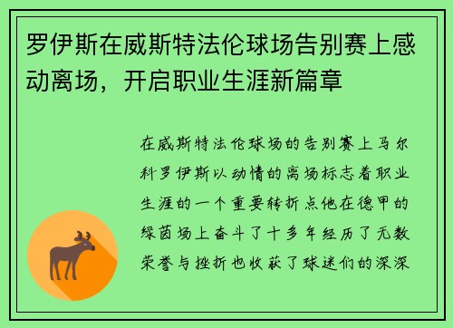 罗伊斯在威斯特法伦球场告别赛上感动离场，开启职业生涯新篇章