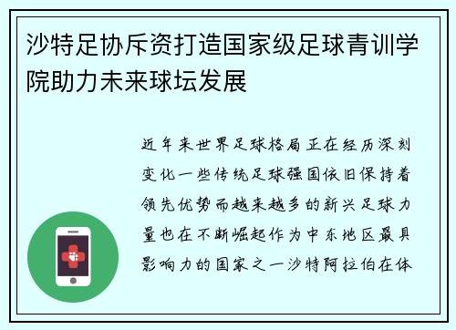 沙特足协斥资打造国家级足球青训学院助力未来球坛发展